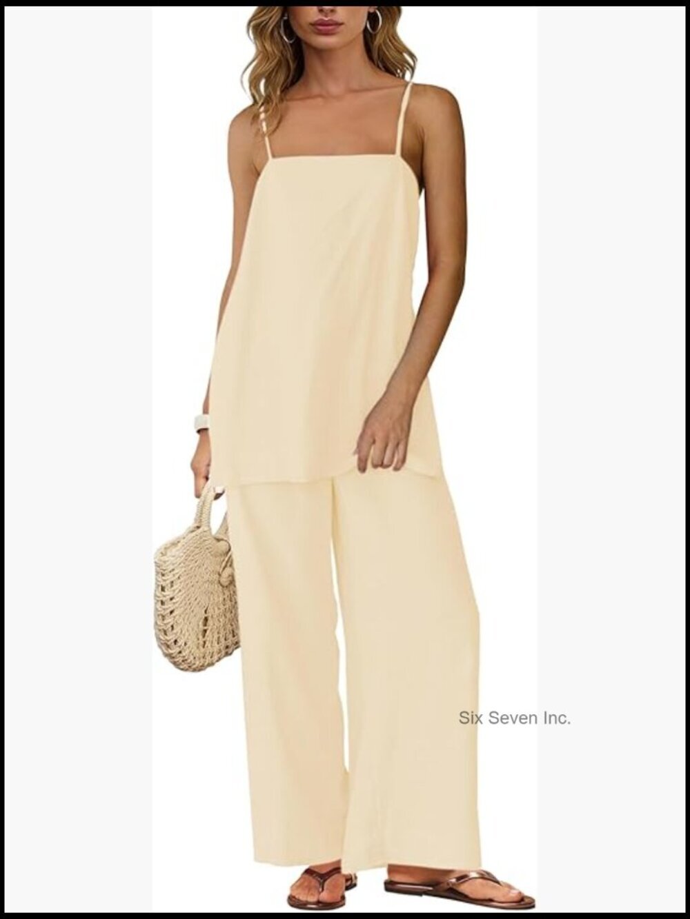 Linen 2 Piece Set Summer Spaghetti Strap Top Wide Leg Pant Set Vacation Travel